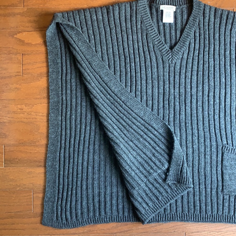 Cocogio Wool & Alpaca Blend Ribbed Knit V-Neck Poncho w/ Pockets Grey